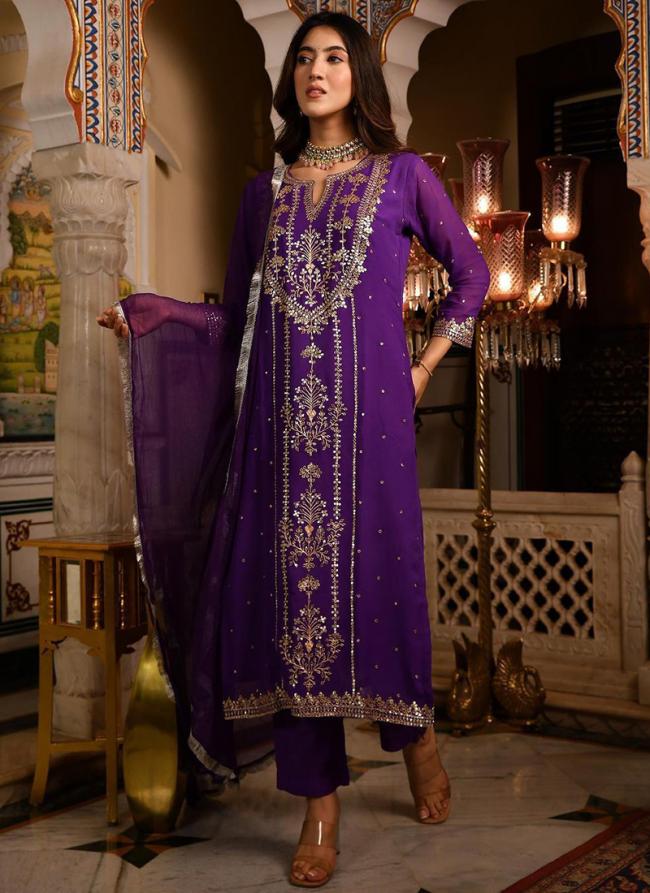 Georgette Purple Festival Wear Embroidery Work Readymade Salwar Suit